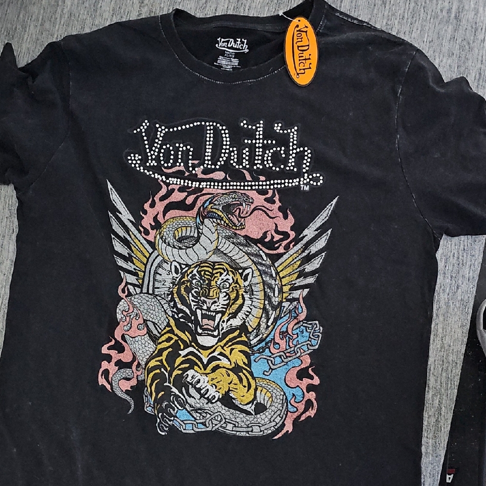 Von Dutch Black Tee with Tiger and Snake Graphic